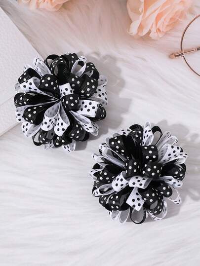2个黑白毛绒球发夹，女士黑白丝带毛绒球鳄鱼夹波点刺绣球发夹，婚礼节日礼物女士发饰