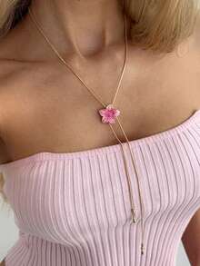 1pc Elegant Minimalist Pink Ombre Floral Gold Y-Shaped Chain Necklace, Suitable For Beach, Dates, Parties, Gift For Girlfriend, Mom, Wife, Birthday, Holiday, Versatile Daily Wear - Golden - View 5