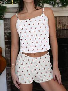 Cccoqdj Womens Heart/Tree/Cherry Print Ribbed PJ Set Crop Cami Tops And Shorts Cute Pajamas Set Summer Sleepwear - Pink Cherry - View 2