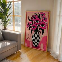 2D Wall Art Decor, Featuring Retro Poster Design With Surreal Pink Eyes And Floral Patterns; Another Piece Is A Minimalist Pink Checkered Vase Canvas Painting, Suitable For Bedroom And Living Room Decoration - G - View 2