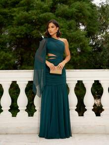 Long Mermaid-Style Party Dress With A Slit And Cape, Without Glitter. - 墨綠色 - 查看 2