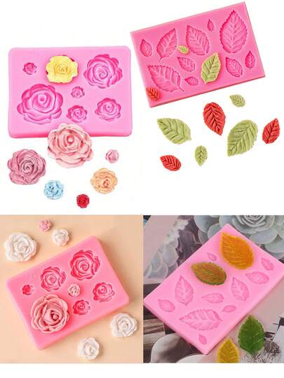 2 khuôn silicon làm kẹo, dụng cụ trang trí bánh DIY, khuôn trang trí bánh cupcake hình hoa hồng và lá, khuôn sô cô la, thích hợp cho mùa tựu trường.