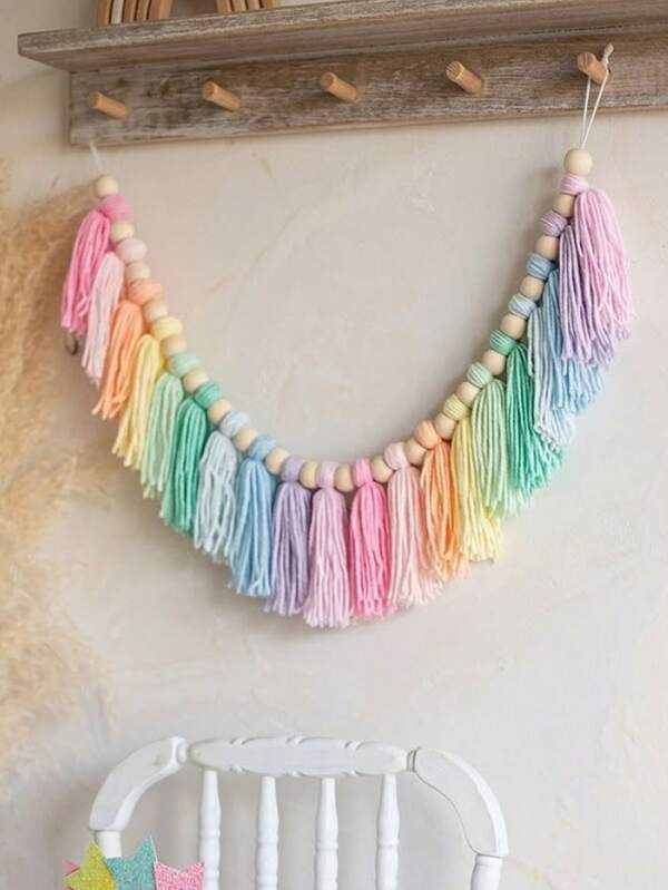 Rainbow Tassel Flower Wreath Decor, Colorful Tassel Flower Wreath Hanging Ornament, Boho Style Home Decor, Suitable For Wedding, Birthday, Baby Shower, Room Decoration, Home Decoration, Wall Decor, Graduation Ceremony