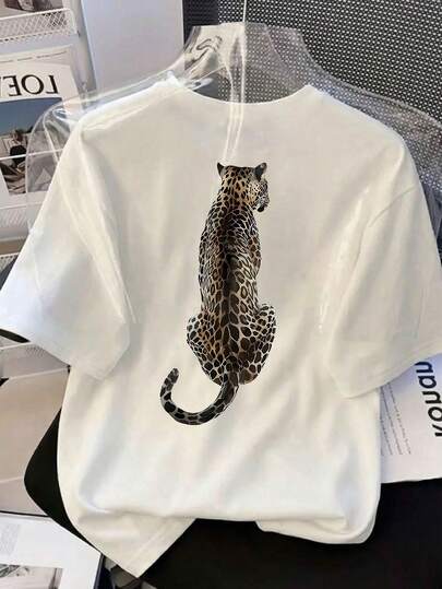 Áo thun nữ tay ngắn cổ tròn in họa tiết da báo, kiểu dáng thường ngày, thích hợp cho mùa xuân, hè, thu, trang phục đi học, đồ đi nghỉ hè, quần áo mùa hè, quần áo mùa xuân, áo kiểu, trang phục đi club màu trắng.