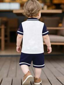 2pcs Baby Boys' Spring/Summer Outfit, Letter Print Polo Shirt + Casual Shorts Set, Suitable For 9 Months To 3 Years Old Toddlers Daily Wear - White - View 3