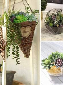 20pcs-Artificial Succulent Plant Pot, Rectangular Wood Flower Pot Decoration, Table Center Decoration, Windowsill Green Plant Decoration, A Variety Of Non-Potted Realistic Plants Fake Texture Succulent Picking Realistic Plastic Cactus Stem Succulent Garden Home Decoration (Big Style), Home Summer Green Pot Decoration, Event Party Decoration.(Random Style) - Multicolor - View 9