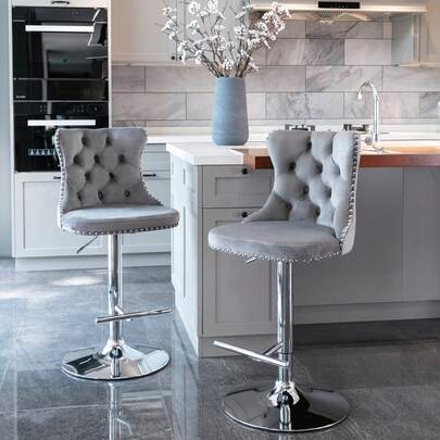 Velvet Swivel Chair With High Legs, Adjustable Seat Height (25 To 33 Inches),  Base, With Comfortable Backrest And Padding, Ideal For Family Bars, Kitchen Islands And Two-Person Sets