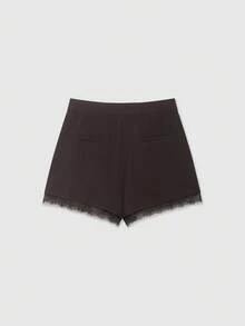 Pantalones cortos casuales de verano de unicolor con volantes de encaje para mujer, color negro - Marrón - Ver 2
