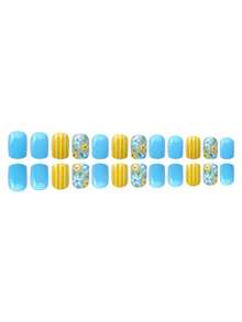 24-Piece Set Of Light Blue And Yellow Floral Striped Nail Stickers, Short Square-Shaped Fresh Fake Nails, Fresh Spring Style, Combining Pure Light Blue Nail Pieces, Yellow Striped Nail Pieces And Nude Base With Exquisite Floral Patterns. Short Fake Nails, Nail Decoration, Acrylic Nails, Suitable For Spring Outings, Daily Commutes, Parties, Dates And Other Occasions! - Multicolor - View 5
