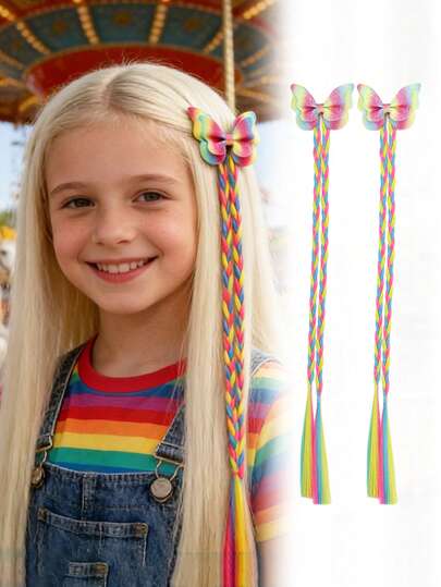 2件装炫彩彩虹蝴蝶发片，带夹子 - 世界杯国家队啦啦队配饰，彩色编织发片，适合青少年女孩，四季皆宜的造型配饰，塑料材质，非纺织编织工艺，青少年女孩发饰 | 炫彩发片 | 塑料发饰，女孩发饰