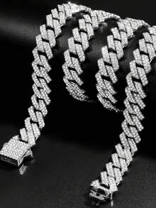 Dây chuyền mắt xích Cuban sáng bóng 14mm, unisex, kiểu dáng punk, đính đá lấp lánh màu bạc, quà tặng. - Trang sức Hip Hop - Xem 1