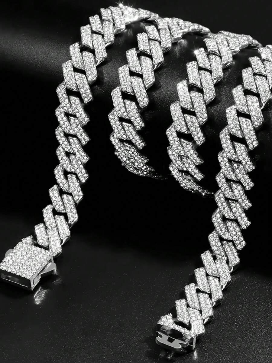 Dây chuyền mắt xích Cuban sáng bóng 14mm, unisex, kiểu dáng punk, đính đá lấp lánh màu bạc, quà tặng. - Trang sức Hip Hop - Xem 1