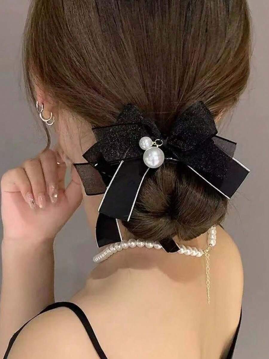 1pc Fashion Mesh Ribbon Bow Banana Hair Clip, Suitable For Party, Daily, Travel, Gift, School, Elegant, College, Bow, Cute, Valentine's Day Hair Clip And Accessory Gift - One Size Fits All - View 1