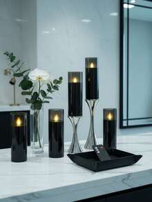 5 piezas de velas sin llama parpadeantes, velas a pilas, velas acrílicas irrompibles con control remoto, accesorios para cumpleaños y bodas, adecuadas para linternas, jardín, decoración navideña del hogar, regalos de Pascua, graduación, Día de San Valentín (Negro) - Taza negra en forma de bala - Ver 6