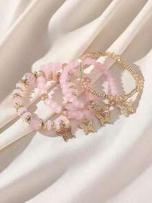 4pcs Bohemian Handmade Glass Beaded Bracelet Set With Flower Bead & Butterfly Pendant For Women, Elastic - Red - View 11