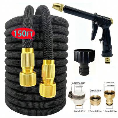 150 Ft Flexible Washing Hose, Non-Kink Hose With 8 Spray Patterns Nozzle, Lightweight, Leak-Proof, 3/4" Swivel Connector, Super Fabric, Portable Storage Strap, Ideal For Yard, Outdoor, Watering, Cleaning, Available In 25/50/75/100/125/150 Ft