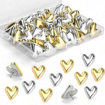 10-50pcs Gold Heart Shaped Push Pins, Suitable For Cork Board, Wall Hanging, Bulletin Board, Christmas Decoration, New Year Supplies, Valentine's Day Gift, Craft DIY, Home Office Stationery