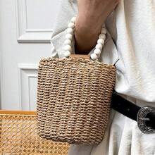 2026New Product Korean Style Beaded Straw Tote Bag Women, Handmade Woven Bucket Bag With Pearl Accents, Aesthetic Summer Beach Bag, Boho Small Handbag Commuting, Unique Niche Design Woven Purse, Garden Party Travel Bag & Mother's Day 15cmx12cm - 米白色 - 查看 5