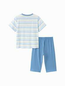 Balabala Conjunto de pijama de camiseta de manga corta y pantalones a rayas, ligero, transpirable y de secado rápido para niño preadolescente, primavera/verano - tinte azul - View 2