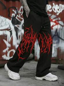 FRACTYR Men's Summer Casual Street Fashion Gradient Black Thorn Death Metal Text Graphic Loose Breathable Double-Sided Print Long Pants - Black - View 5