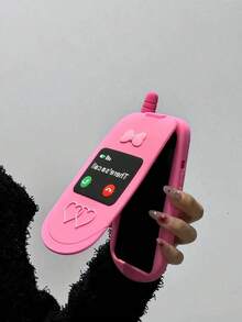Valentines Cute Cartoon Flip Mirror Vintage Phone Compatible With 15, Compatible With 14/13 Pro/12/11, Silicone Material, Internal Mirror (Please Remove Protective Film Before Use) - Hot Pink - 查看 2