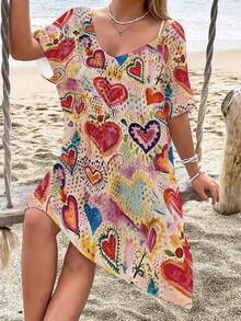 女士休闲镂空印花罩衫泳装连衣裙（不含比基尼） - 彩色 - 查看 4