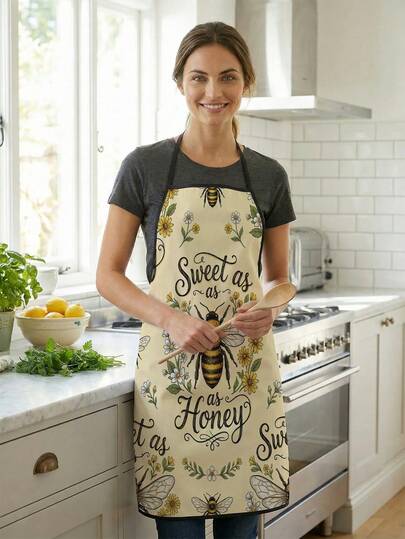 1 قطعة مئزر مطبوع عليه نحلة وزهرة، مناسب للطهي والخبز والبستنة وديكور المطبخ