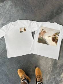 Funny Creation Painting Featuring A Cat Reaching Toward A Human Hand Symbolizing Humorous Divine Connection Men's Double Sided Digital Printed 1Pcs 100% Cotton Tshirt - trắng - Xem 1