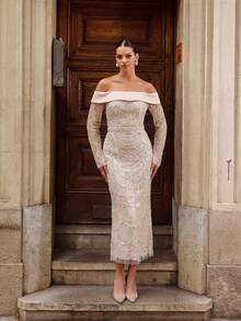 Faeriesty Đầm dạ hội dài lệch vai, cổ áo viền satin, dáng xòe/gợn sóng và đính sequin họa tiết vảy cá, kiểu dáng thanh lịch, quyến rũ và lấp lánh, thích hợp cho các sự kiện thảm đỏ, dạ hội, đám cưới, lễ kỷ niệm mùa xuân. - Màu be - Xem 3