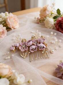 1pc Light Pink Flower & Pearl Handmade Hair Comb Accessory For Women - White - View 9