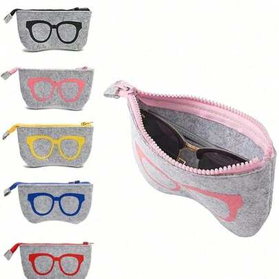 1pc Soft Felt Eyeglass Case With Colorful Glasses Pattern Design And Zipper, Portable & Fashionable Eyewear Storage Pouch, Multi-Purpose Travel Bag, Business Trip, Ultimate Protection And Style For Your Glasses, Unisex (5 Color Options)