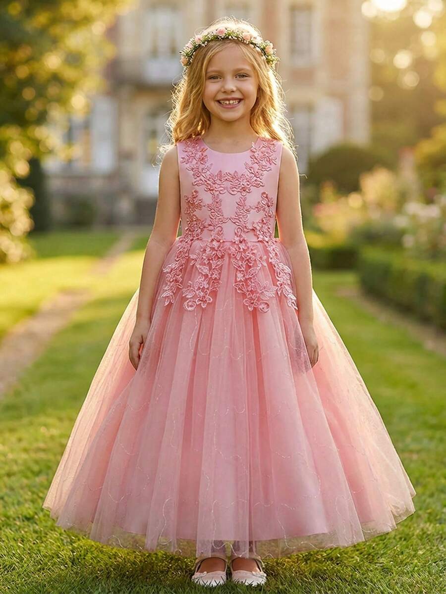 Flower Girls Tulle Lace Princess Pageant Festival Bridesmaid Carnival Floor Long Prom Dance Formal Evening Maxi Dresses - 珊瑚粉 - 查看 1