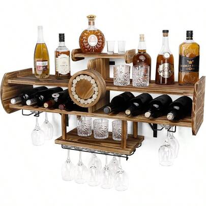 Wine Bottle Holder, Wine Rack Wall Mounted Wood, Alcohol Shelf With Bottle Stemware Glass Holder Rustic, Airplane Shape Multi Functional Liquor Display Storage Home Bar (Light Brown)