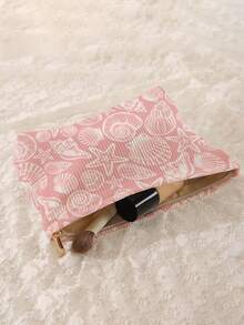 1pc Portable Cosmetic Bag, Pink Ocean Element Conch & Starfish Pattern Double-Sided Print, Zipper Travel Makeup Pouch, Multi-Function Toiletry Storage Bag - Multicolor - View 4