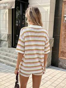 Women's Summer Vintage Vacation Style 2-Piece Knit Set, Hollow Stripe Top & Elastic Waist Shorts, Lightweight And Comfortable, Suitable For Daily, Beach, Street And Date - Beige - View 4