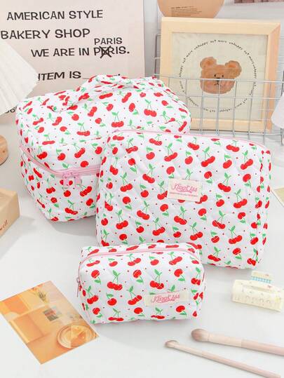 1Pc/Set Red Cherry Print Cute Makeup Bag Quilted Makeup Bag Multifunctional Cosmetic Organizer Makeup Bag Set Handbag Bath Shower Wallet Pouch Portable Cosmetics Storage Clutch With Zipper Closure For Lipstick,Brush,Skincare,Hand Cream,Mobile Phone,Coin,Small Items Makeup Bags Makeup Case Skincare Bag Toiletry Bag Valentine's Gift Wedding Bridesmaid Gift,Mom Gift,Birthday Gift,Gift For Friends Travel Essentials Cruise Essentials Dorm Essentials