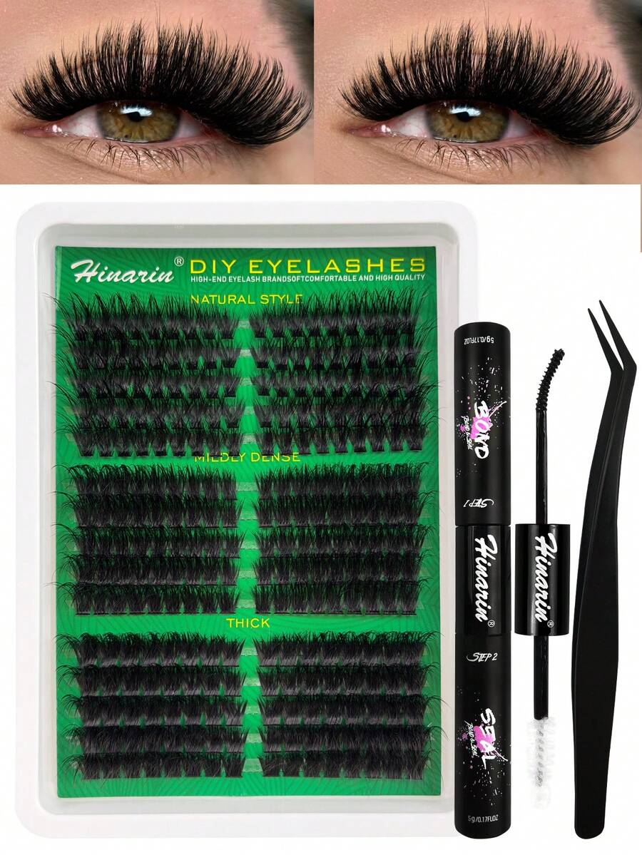 Hinarin Bộ 260 sợi mi giả D-Curl mềm mại, độ dày 60D+80D+100D, tự làm mi nối với keo dán cho cả mắt trái và mắt phải. Siêu dày và tự nhiên, bền lâu, siêu nhẹ và mềm mại, có thể tái sử dụng, phù hợp cho người mới bắt đầu, sử dụng hàng ngày, dự tiệc, du lịch, v.v. - màu đen - Xem 1