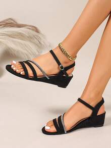 Women's Black Rhinestone Buckle Wedge Sandals | Open Toe Casual Shoes For Summer - Black - View 1