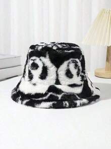 1pc Black & White Cartoon Printed Panda Tie Dye Thick Warm Plush Bucket Hat Autumn & Winter Vintage Fashionable Bucket Cap, Ear Street Men's Hat Summer Hat, Suitable Summer Outdoor Activities Such As Hiking And Fishing - Đen trắng - Xem 4