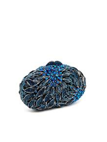 Luxury Full Rhinestone Evening Bag, All Crystaly Leaf Design Metal Purses Handmade Sparkling Metal Clutch With Chain Strap For Wedding Party Prom Dress - Blue - View 3