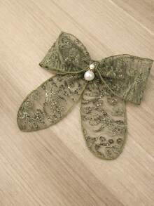 Kẹp tóc đuôi ngựa đính sequin xanh lá cây, ren hoa, nơ trắng, ngọc trai, mây, lưới hình hoa, phụ kiện tóc tối giản thanh lịch dành cho bé gái, kẹp càng cua, thích hợp cho du lịch và tiệc tùng. - Ngọc trai xanh trái cây - Xem 5