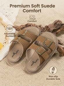 EUR26-37Kids Two-Buckle Tan Suede Slide Sandals, Thick-Soled Vintage Summer Slippers For Play & Outings - Brown - View 3