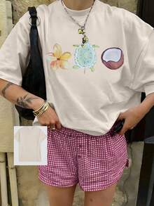 1pcs Plus Size Women's Oversize Fit 100% Cotton T-Shirt, Printed With Tropical Floral, Sea Turtle, And Coconut Designs, Perfect For Hawaiian Vacations, Beach Parties, Summer Trips, And Creating A Laid-Back Island Vibe - Màu be - Xem 2