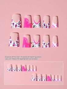 24片/套 Y2K 中号鸭子 3D 凝胶豹纹粉色法式贴片美甲，带奶牛纹和花朵图案，粉色少女风，全贴合亚克力假指甲，包含1片果冻胶和1个指甲锉，美甲用品适合女性和女孩日常工作、学习和聚会使用。 - 彩色 - 查看 3