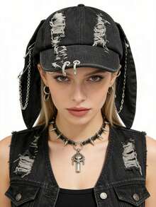 1 chiếc mũ lưỡi trai nữ kiểu Y2K tai thỏ rách rưới, mũ snapback phong cách đường phố hip hop độc đáo. - mũ thỏ - Xem 6