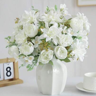 1件仿真丝花 - 牡丹、大丽花，仿真花束，适用于家居、餐厅、客厅、户外花园装饰，也可用于婚礼、家庭花园和派对装饰，仿真花，婚礼用花，新娘捧花，婚礼用品，婚礼装饰，装饰花，春季装饰