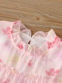 女童雪纺碎花公主裙，甜美蛋糕裙摆，生日礼物，派对服装，夏季 - 粉色 - 查看 4