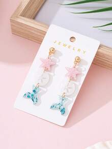 一对夏季海滩度假闪亮海星、贝壳、鱼尾设计时尚耳环，派对和节日的完美礼物 - 彩色 - 查看 3