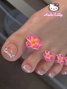 SANRIO 24pcs Short Square White French Tip Press On Toenails With Cute , Bow And Rhinestones Decoration ,Nail Supplies,Pink Girl Style, Fit Perfectly Acrylic Fake Toenails, Contain 1pc Jelly Glue And 1pc Nail File , Nails For Women And Girls Daily Life And Party Use.Summer Toenail,Spring Toenail - Multicolor - View 2