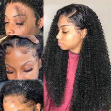 200%巴西真人发混纺假发，深波浪13x4蕾丝前假发，带发际线，预修剪，带婴儿发，长卷混发，精灵短发假发，透明蕾丝前假发，自然黑 - 自然色&黑色系 - 查看 7